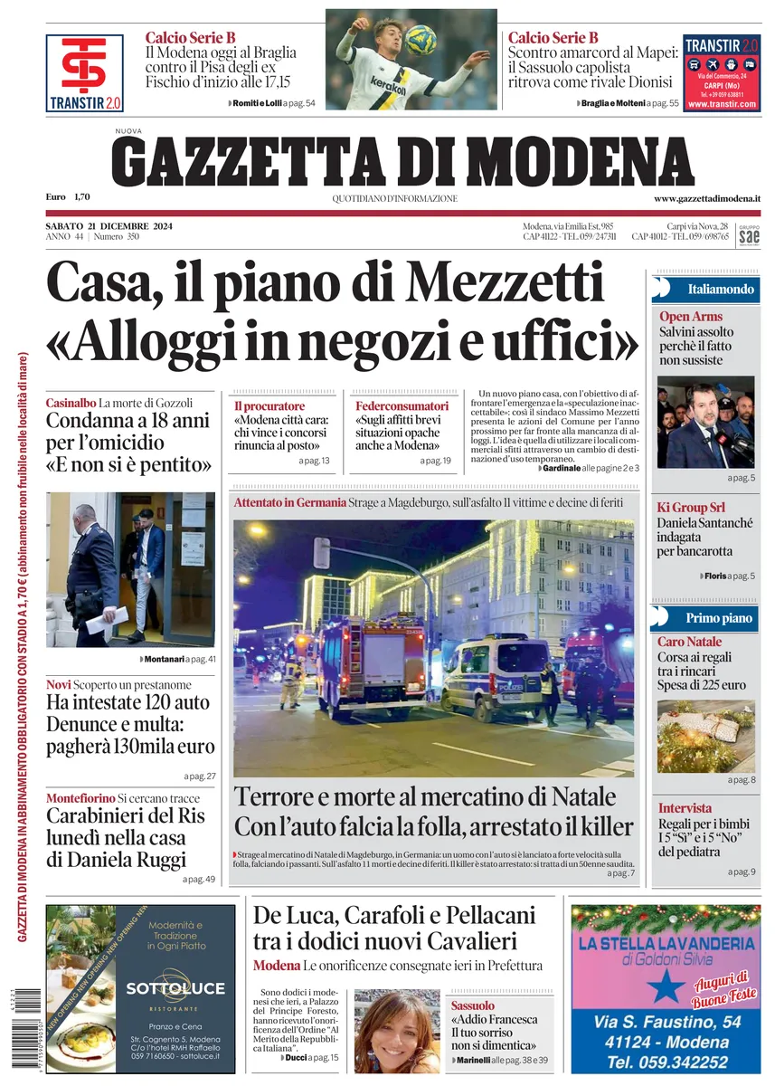 Prima-pagina-gazzetta di modena-oggi-edizione-del-2024-12-21